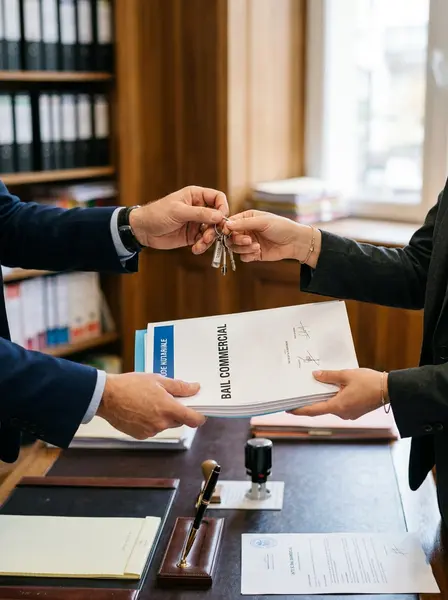 Signature d'un bail commercial à Caen par l'office notarial de Maître Camille Delepelaire, remise de clés et acte authentique.