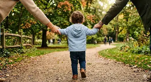 Enfant tenant la main de ses parents adoptifs dans un parc, illustration des procédures d'adoption à l'étude notariale de Maître Camille Delepelaire à Caen