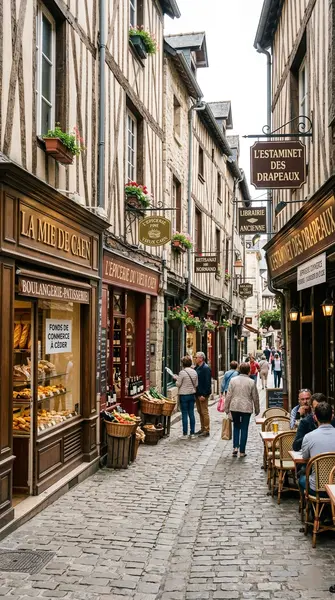 Rue du Vaugueux à Caen avec commerces traditionnels et annonce de cession de fonds de commerce, quartier historique pour expertise notariale en droit des affaires.