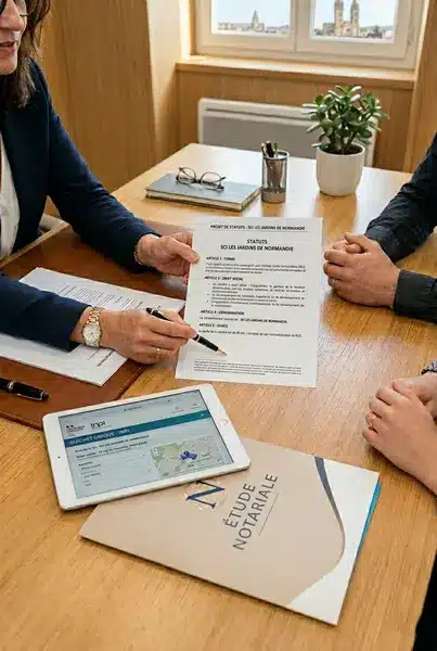 Signature des statuts d'une SCI avec Maître Camille Delepelaire, notaire à Caen, montrant un projet de statuts "SCI Les Jardins de Normandie" et l'interface INPI