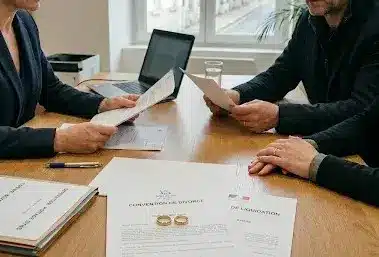 Maître Camille Delepelaire, notaire à Caen, accompagnant un couple lors de la signature d'une convention de divorce par consentement mutuel et de l'acte de liquidation