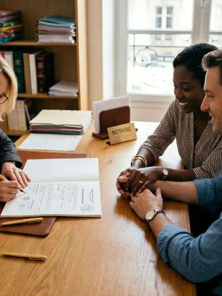 Couple rencontrant Maître Camille Delepelaire, notaire à Caen, pour la signature d'un contrat de mariage ou d'un PACS dans son office notarial