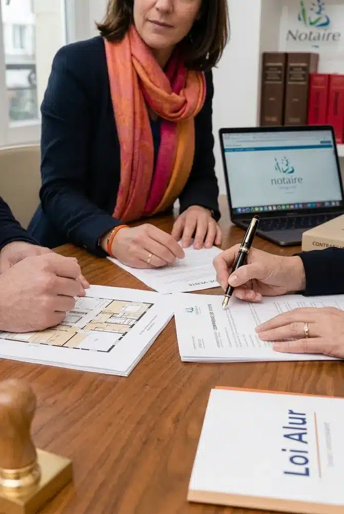 Signature d'un acte de vente immobilier à l'étude de Maître Camille Delepelaire, notaire à Caen. Dossier Loi Alur et plan de masse sur le bureau