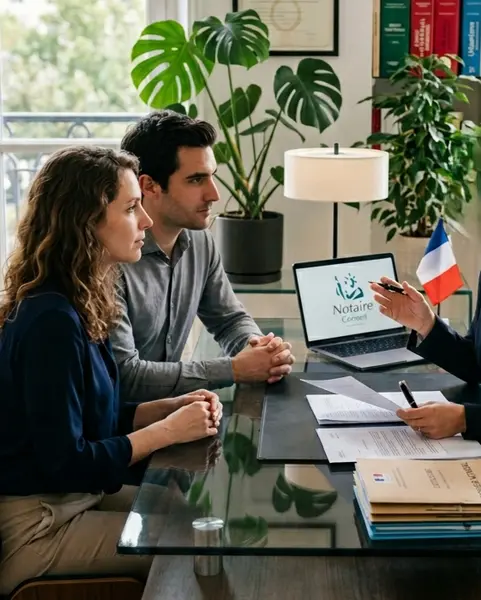 Un couple de vendeurs en rendez-vous avec Maître Camille Delepelaire, notaire à Caen, pour la signature d'un compromis de vente immobilière
