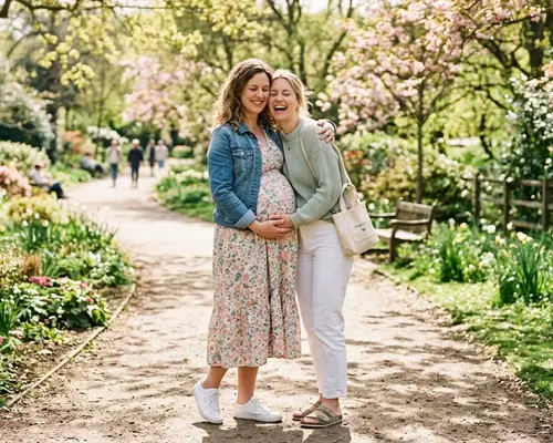 Couple de femmes enceintes se promenant dans un parc au printemps, accompagnement juridique PMA