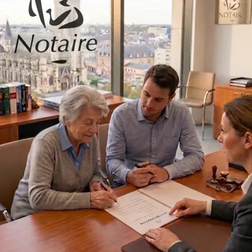 Maître Camille Delepelaire accompagnant une famille pour la signature d'un acte de donation dans son étude à Caen